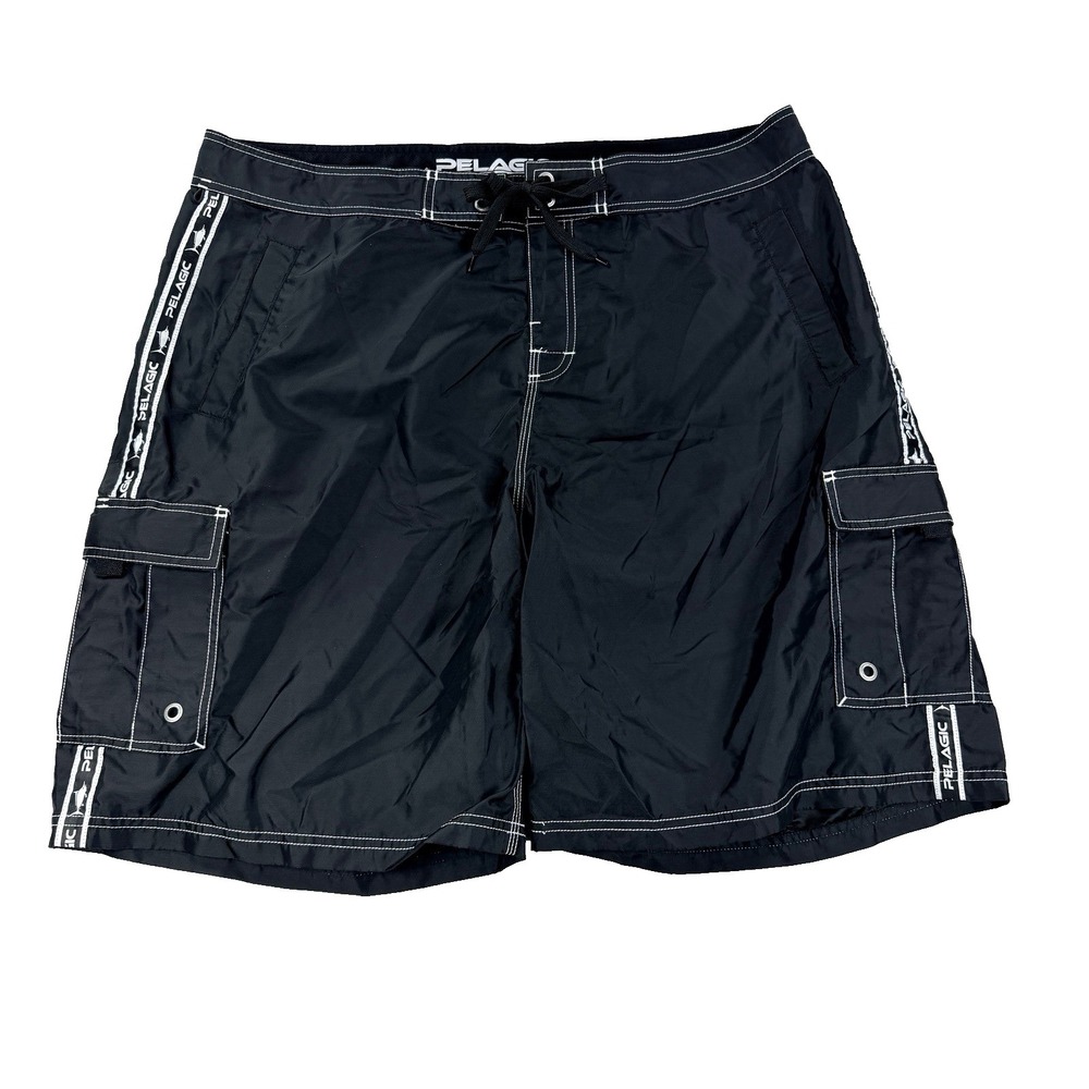 Mens Pelagic Board Shorts Fishing Swim Trunks Black Fin Nylon Cargo 10" Sz 40